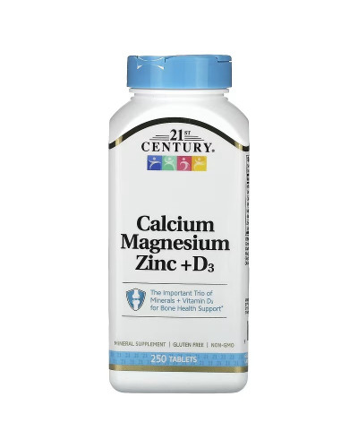 Кальцій, Магній, Цинк та Вітамін D3, Calcium Magnesium Zinc + D3, 21st Century, 250 таблеток