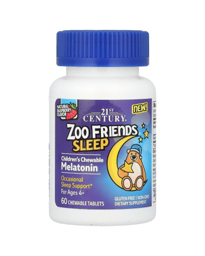Мелатонін для дітей, від 4 років, смак малини, Zoo Friends Sleep, Children's Chewable Melatonin, Ages 4+, 21st Century, 60 жувальних таблеток