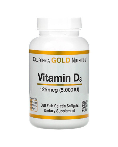 Вітамін D3, 5000 МО (125 мкг), California Gold Nutrition, 360 желатинових капсул