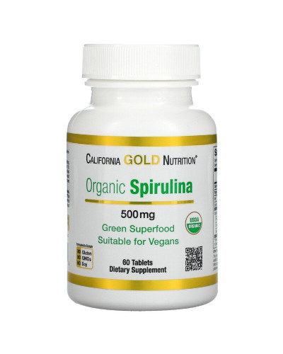 Спирулина органическая, 500 мг, Organic Spirulina, California Gold Nutrition, 60 таблеток