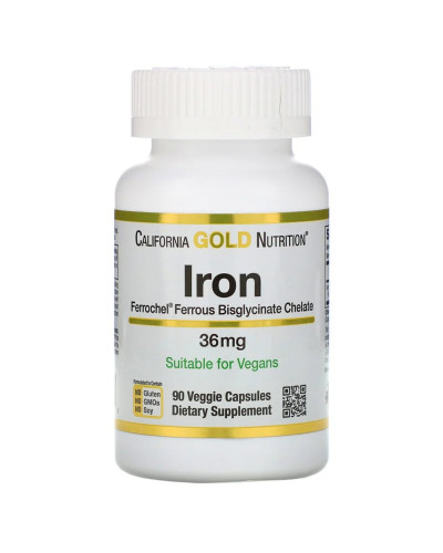 Железо Бисглицинат, Ferrochel Iron (Bisglycinate), California Gold Nutrition, 36 мг, 90 растительных капсул