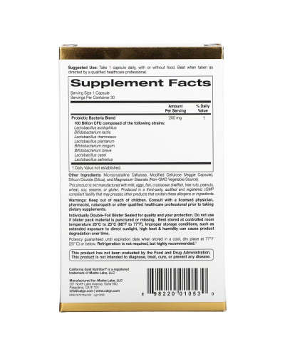 Пробіотики, 100 млрд КУО, LactoBif 100 Probiotics, 100 Billion CFU, California Gold Nutrition, 30 вегетаріанських капсул