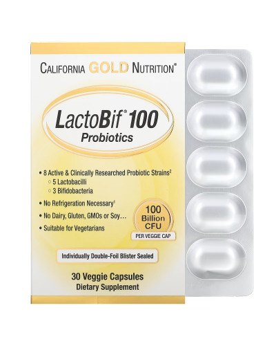 Пробіотики, 100 млрд КУО, LactoBif 100 Probiotics, 100 Billion CFU, California Gold Nutrition, 30 вегетаріанських капсул