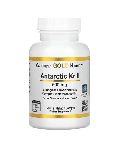 Масло антарктического криля, 500 мг, вкус клубники и лимона, Antarctic Krill Oil, Omega-3, California Gold Nutrition, 120 желатиновых капсул