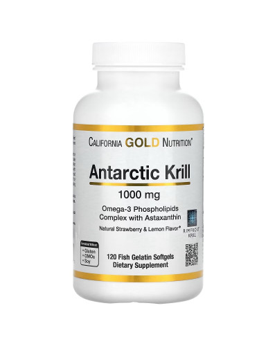 Масло антарктического криля, 1000 мг, вкус клубники и лимона, Antarctic Krill Oil, Omega-3, California Gold Nutrition, 120 желатиновых капсул