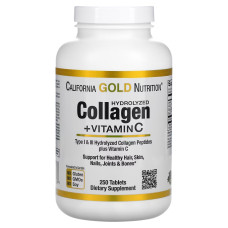 Коллаген Гидролизованные пептиды + Витамин С, Hydrolyzed Collagen Peptides + Vitamin C, Type I & III, California Gold Nutrition, 250 таблеток