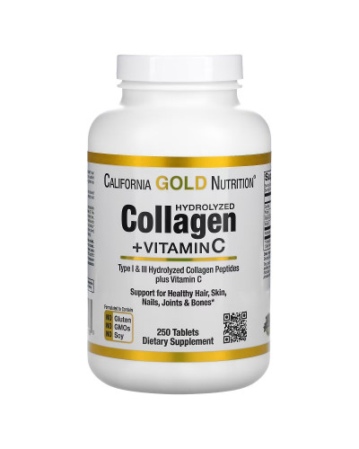 Коллаген Гидролизованные пептиды + Витамин С, Hydrolyzed Collagen Peptides + Vitamin C, Type I & III, California Gold Nutrition, 250 таблеток