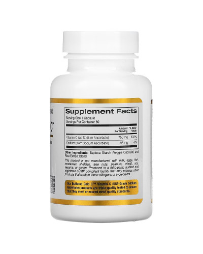 Буферизований Вітамін C, 750 мг, Buffered Gold C, Standard Sodium Ascorbate, Vitamin C, California Gold Nutrition, 60 вегетаріанських капсул