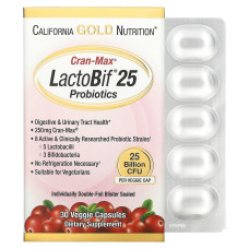 Пробиотики, 25 млрд КОЕ, вкус клюквы, Lactobif 25 Billion Cran-Max, California Gold Nutrition, 30 вегетарианских капсул