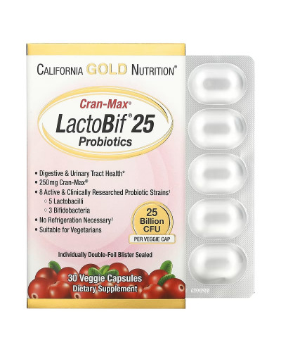 Пробіотики, 25 млрд КУО, смак журавлини, Lactobif 25 Billion Cran-Max, California Gold Nutrition, 30 вегетаріанських капсул