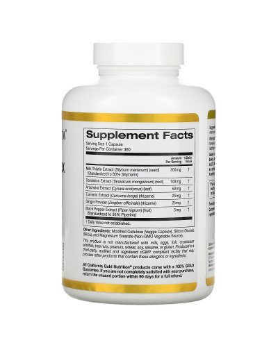 Комплекс силімарину з рослинними екстрактами, Silymarin Complex, Milk Thistle Extract Plus Dandelion, Artichoke, Curcumin C3 Complex, Ginger та BioPerine, California Gold Nutrition, 360 вегетаріанських капсул