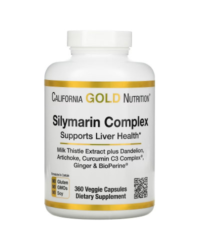 Комплекс силімарину з рослинними екстрактами, Silymarin Complex, Milk Thistle Extract Plus Dandelion, Artichoke, Curcumin C3 Complex, Ginger та BioPerine, California Gold Nutrition, 360 вегетаріанських капсул