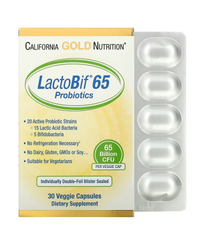 Пробіотики, 65 млрд КУО, LactoBif 65 Probiotics, 65 Billion CFU, California Gold Nutrition, 30 вегетаріанських капсул