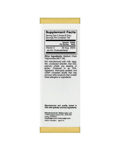Вітамін D3 у краплях, 50 мкг (2000 МО), без смаку, Vitamin D3, California Gold Nutrition, 30 мл