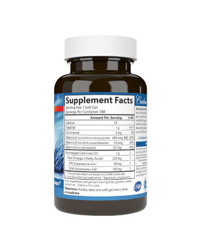 Жир із печінки Норвезької Тріски, 1000 мг, Cod Liver Oil, Carlson, 100 гелевих капсул