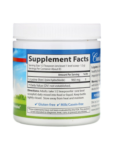L-лізин у порошку, L-Lysine, Amino Acid Powder, Carlson, 100 гр