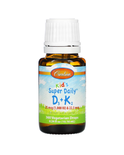 Витамин D3+K2 для детей в каплях, 1000 МЕ и 22,5 мкг, Kid's Super Daily D3+K2, Carlson, 10.16 мл Витамин D3+K2 для детей в каплях, 1000 МЕ и 22,5 мкг, Kid's Super Daily D3+K2, Carlson, 10.16 мл