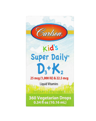 Витамин D3+K2 для детей в каплях, 1000 МЕ и 22,5 мкг, Kid's Super Daily D3+K2, Carlson, 10.16 мл
