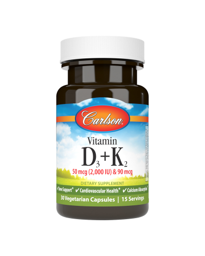 Вітамін D3+K2, 2000 МО та 90 мкг, Vitamin D3+K2, Carlson, 30 вегетаріанських капсул