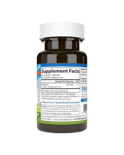 Вітамін K2, MK-7, 90 мкг, Vitamin K2 як MK-7, Carlson, 60 желатинових капсул