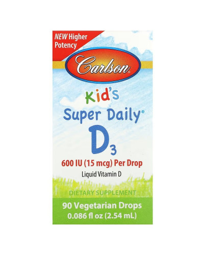 Вітамін D3 для Дітей у Краплях, 600 МО, Kid's Super Daily D3, Carlson, 2.54 мл