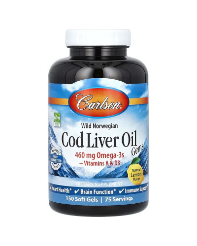 Жир печени норвежской трески, вкус лимона, Wild Norwegian, Cod Liver Oil Gems, Carlson, 150 гелевых капсул