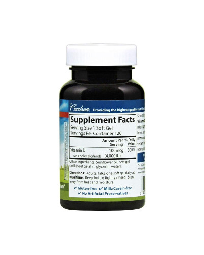 Вітамін D3, 4000 МО, Vitamin D3, Carlson, 120 желатинових капсул