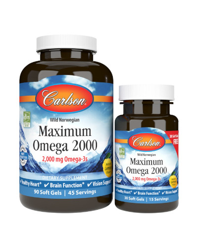 Омега Максимум 2000, Вкус Лимона, Maximum Omega 2000, Carlson, 90+30 желатиновых капсул