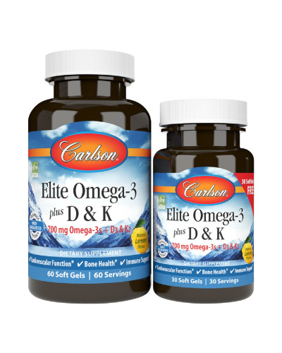 Омега-3 з Вітамінами D та K, 700 мг, Смак Лимону, Elite Omega-3 + D&K, Carlson, 60+30 гелевих капсул