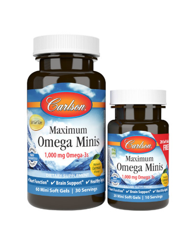 Омега Максимум, 1000 мг, вкус Лимона, Maximum Omega Minis, Carlson, 60+20 желатиновых мини капсул