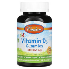 Витамин D3 Детский, 1000 МЕ, вкус фруктов, Kid's Vitamin D3 Gummies, Carlson, 60 вегетарианских жевательных конфет