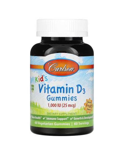 Вітамін D3 Дитячий, 1000 МО, смак фруктів, Kid's Vitamin D3 Gummies, Carlson, 60 вегетаріанських жувальних цукерок