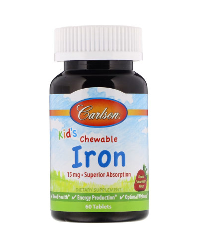 Залізо Дитяче, 15 мг, смак полуниці, Kid's Chewable Iron, Carlson, 60 жувальних таблеток