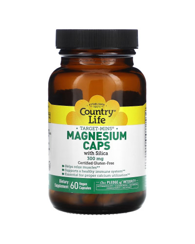 Магний с кремнием, 300 мг, Target-Mins, Magnesium Caps with Silica, Country Life, 60 вегетарианских капсул