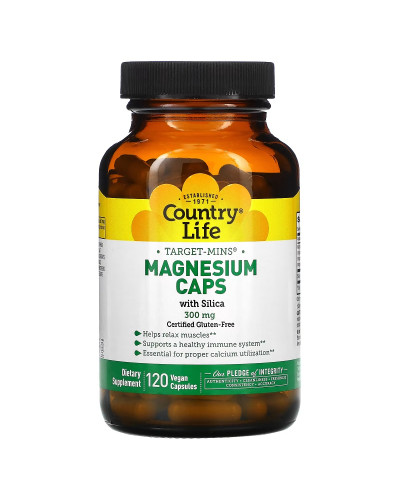 Магний с кремнием, 300 мг, Target-Mins, Magnesium Caps with Silica, Country Life, 120 вегетарианских капсул