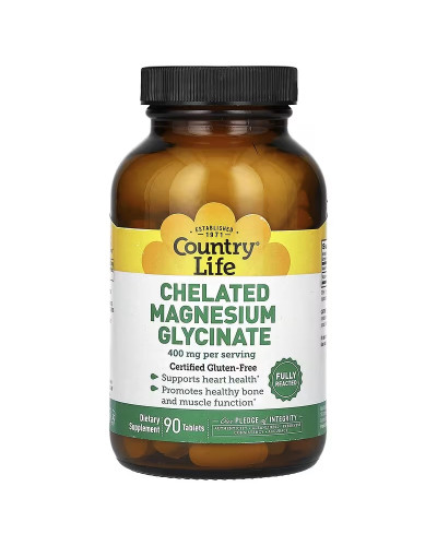 Магний Хелатный глицинат, 400 мг, Chelated Magnesium Glycinate, Country Life, 90 таблеток (133 мг в таблетке)