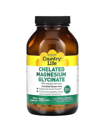 Магний Хелатный глицинат, 400 мг, Chelated Magnesium Glycinate, Country Life, 180 таблеток (133 мг в таблетке)