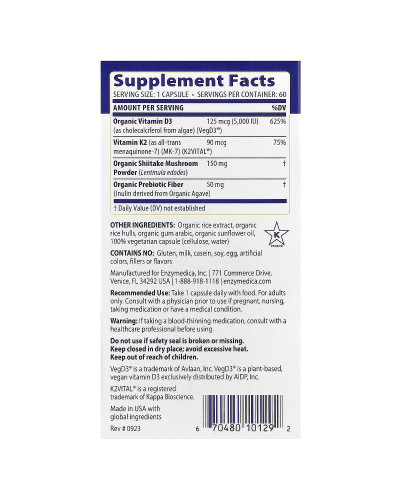Вітамін D3 + Вітамін K2, Vitamin D3 + Vitamin K2, Enzymedica, 60 капсул Вітамін D3 + Вітамін K2, Vitamin D3 + Vitamin K2, Enzymedica, 60 капсул