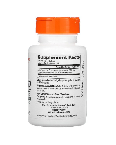 Со Пальметто, Екстракт, Saw Palmetto, Doctor's Best, 320 мг, 60 капсул