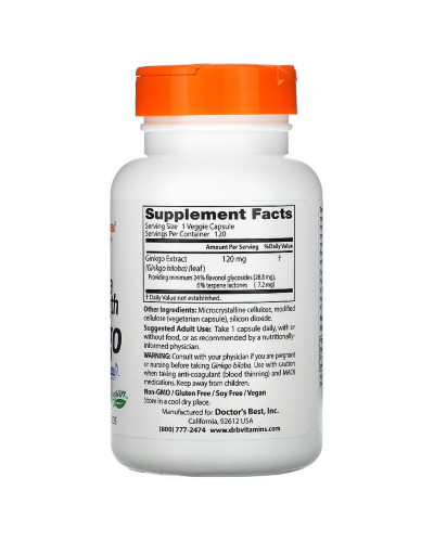 Супер Сильный Экстракт Гинкго 120мг, Ginkgo Extra Stength Profile Proven, Doctor's Best, 120 вегетарианских капсул Супер Сильный Экстракт Гинкго 120мг, Ginkgo Extra Stength Profile Proven, Doctor's Best, 120 вегетарианских капсул