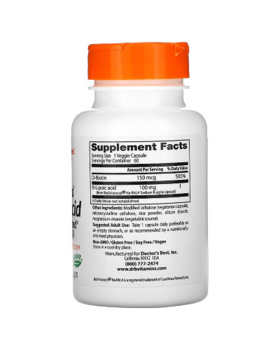 R-Липоевая Кислота, R-Lipoic Acid, Doctor's Best, 100 мг, 60 капсул
