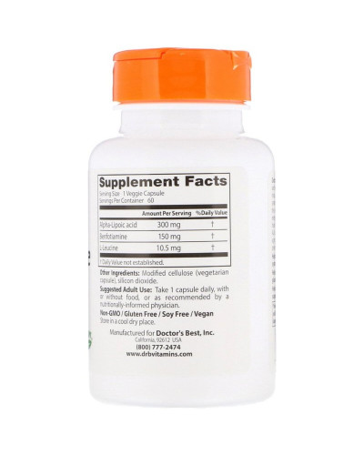 Бенфотіамін 150 і альфа-ліпоєва кислота 300,  Benfotiamine 150 + Alpha-Lipoic Acid 300, Doctor's Best, 60 веганських капсул