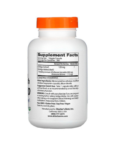 Супер Сильный Экстракт Гинкго 120мг, Ginkgo Extra Stength Profile Proven, Doctor's Best, 360 вегетарианских капсул