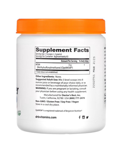 МСМ в порошку, Метилсульфонілметан, MSM Powder with OptiMSM, Doctor's Best, 250 гр