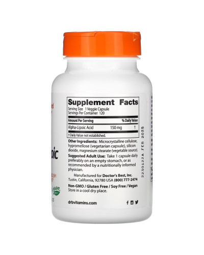 Альфа-Липоевая кислота, 150 мг, Alpha-Lipoic Acid, Doctor's Best, 120 вегетарианских капсул.