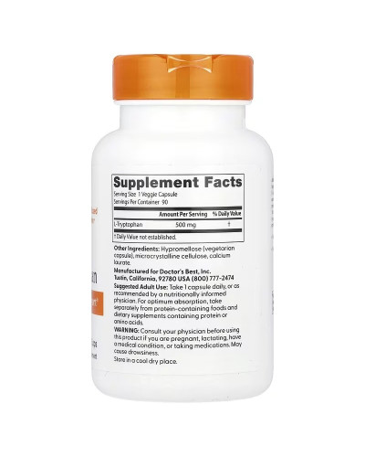 L-триптофан, 500 мг, L-Tryptophan, Doctor's Best, 90 вегетарианских капсул