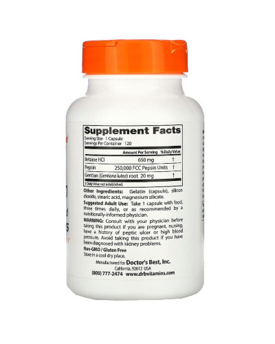 Бетаїн HCL і Пепсин, Betaine HCL & Pepsin, Doctor's Best, 120 капсул