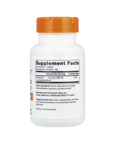 Вітамін D3, 25 мкг (1000 МО), Vitamin D3, Doctor's Best, 180 желатинових капсул