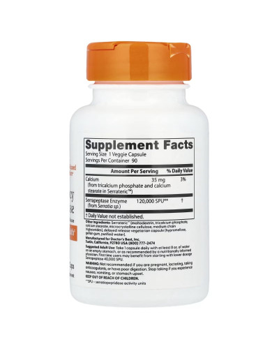 Серрапептаза високої ефективності, 120,000 SPU, High Potency Serrapeptase, Doctor's Best, 90 вегетаріанських капсул Серрапептаза високої ефективності, 120,000 SPU, High Potency Serrapeptase, Doctor's Best, 90 вегетаріанських капсул