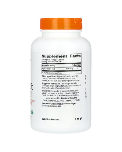 Альфа-Липоевая кислота, 600 мг, Alpha-Lipoic Acid, Doctor's Best,180 вегетарианских капсул